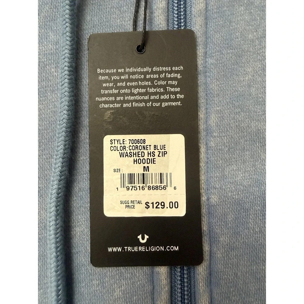 True Religion Hoodie Mens Medium Blue Washed Zip Sweatshirt Buddha Graphic